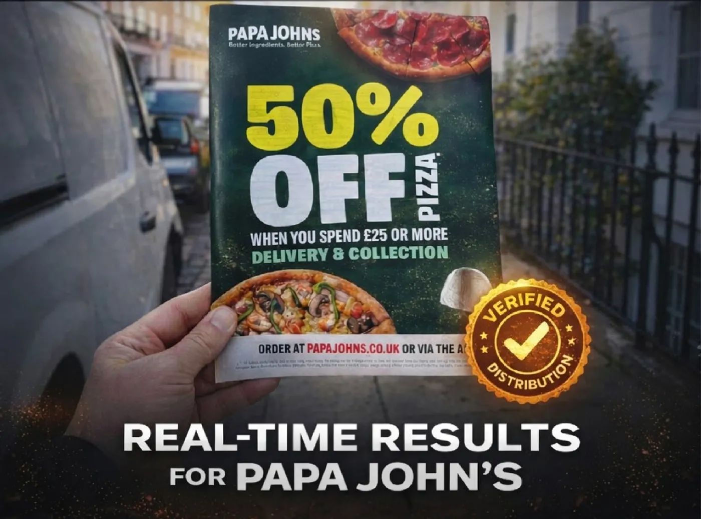 A single takeaway leaflet held up on a residential street, marked with a verified distribution badge